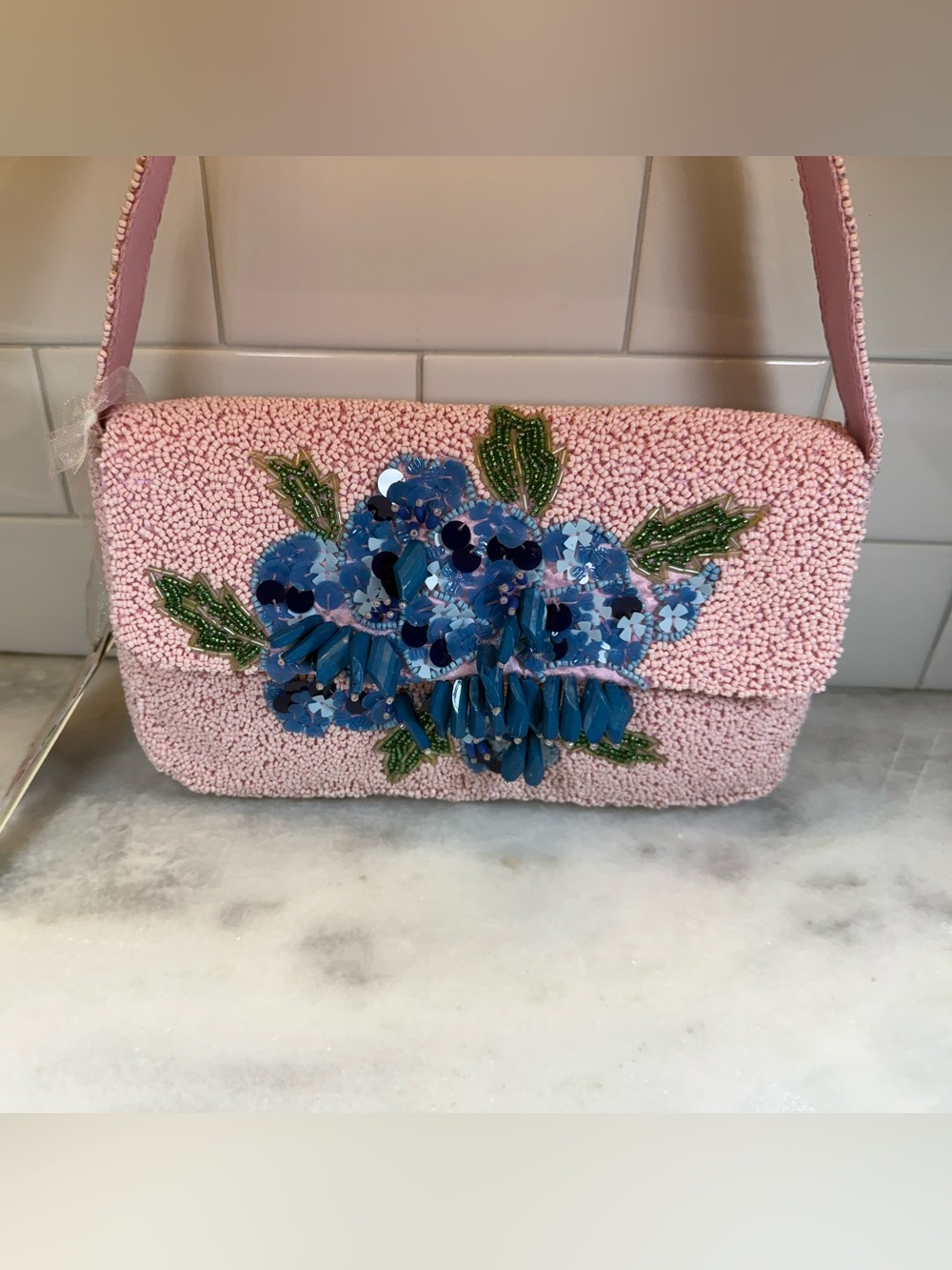 NEW Made In India Beaded Pink Shoulder Bag Blue Flower Purse Handbag NWT